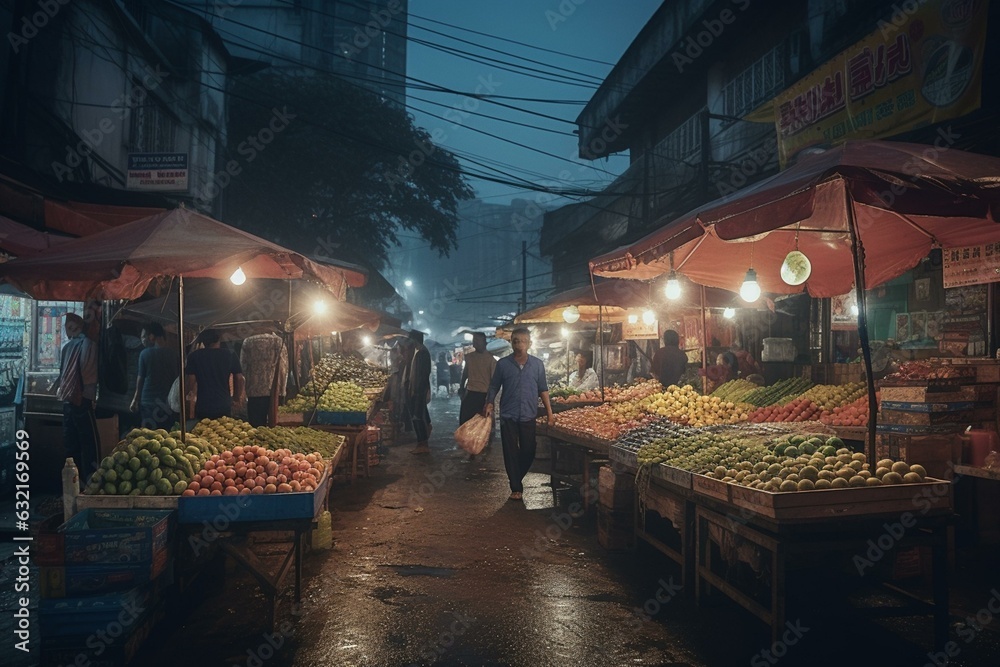 Bustling Twilight Market Prime Lens Showcase of Urban Energy