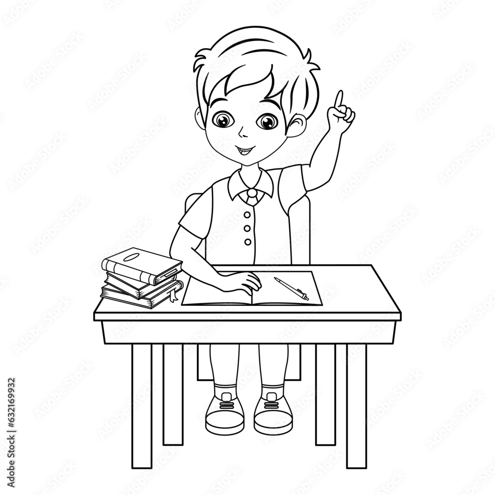Schoolboy Raises Hand in Lesson for Coloring Page. Education concept. Vector Illustration of a Boy Sitting in the Lesson.