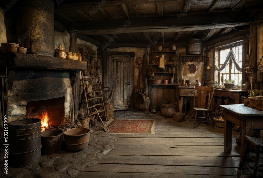 Dark moody medieval tavern inn interior with food and drink on tables, burning open fireplace, candles and daylight through a window. generative ai