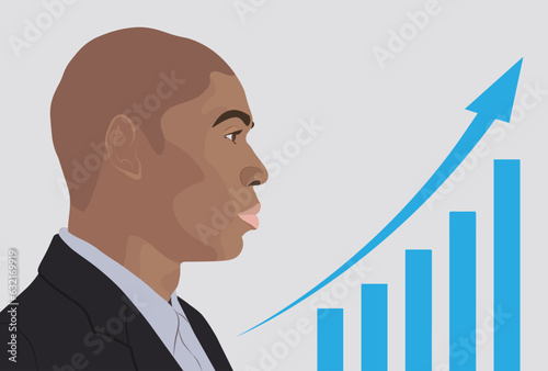 The concept of development and growth. Career and success. A graph or growth chart. Illustration of a white man in a suit showing success