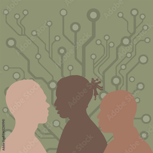Vector illustration. Silhouettes of a man on a tree against the background of an information network