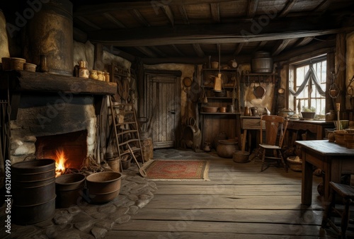 Tableau sur toile Dark moody medieval tavern inn interior with food and drink on tables, burning open fireplace, candles and daylight through a window