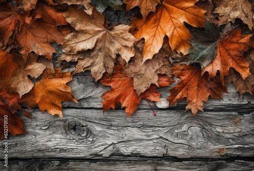 Autumn fallen leaves, acorns, cones on wooden board. Autumn natural Background, generative ai photo