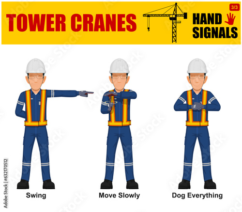 Set of worker present Tower cranes hand signal on white background