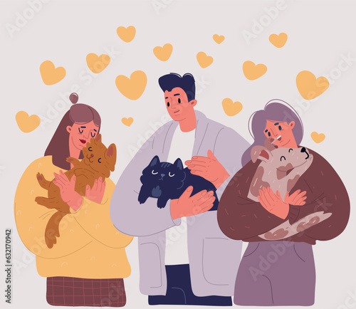 Vector illustration of Happy diverse people hold in arms cats and dogs show love and care. Smiling men and women with domestic pets. Saving animal from shelter. Human and puppy friendship.
