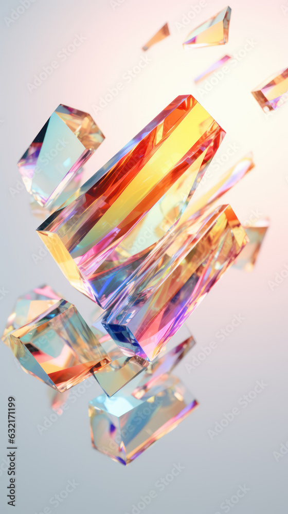Fototapeta premium Broken glass prism through which sunlight passes and falls on plain pastel rainbow magenta surface. Abstract colorful background. 