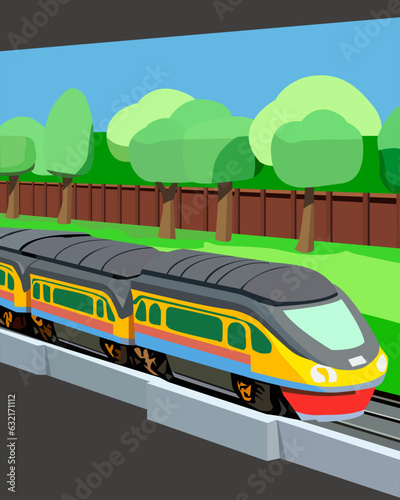 color vector illustration with the image of a high-speed train and a landscape, for the design of banners and scenes in the style of travel