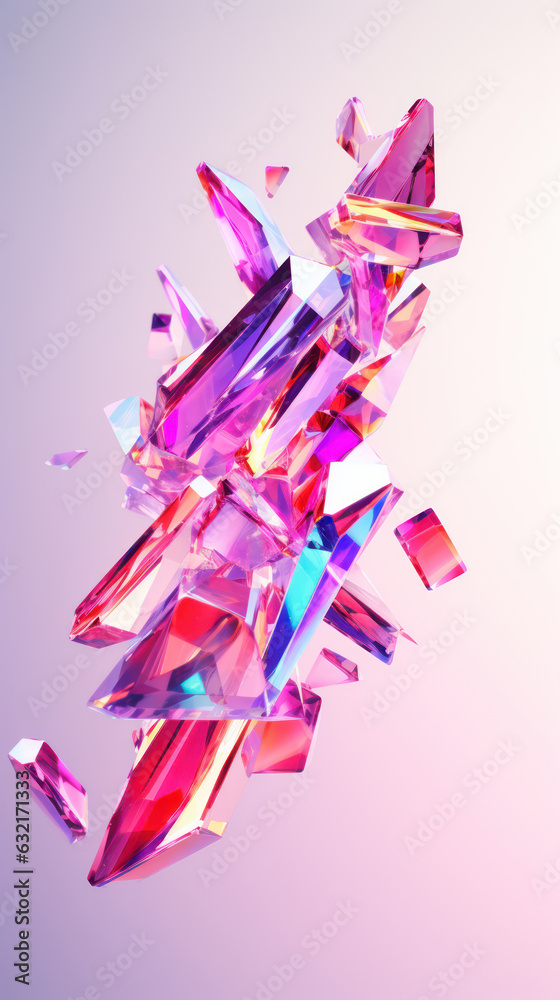 Broken glass prism through which sunlight passes and falls on plain pastel rainbow magenta surface. Abstract colorful background. Broken glass prism through which sunlight passes and falls on plain pastel rainbow magenta surface. Abstract colorful background.