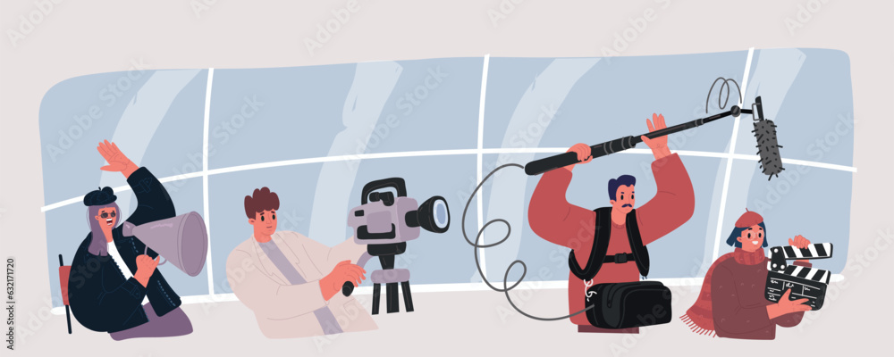 Vector illustration of Shooting action movie. People film crew makes a film in the studio or blogger team make video content together. Camera operator, clapperboard, become film director Vector illustration of Shooting action movie. People film crew makes a film in the studio or blogger team make video content together. Camera operator, clapperboard, become film director