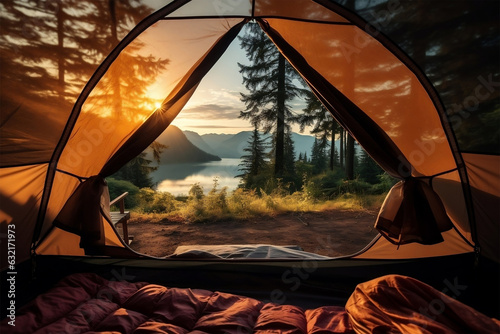 A serene and immersive view from inside a camping tent, nestled in a picturesque hiking spot surrounded by the beauty of nature.