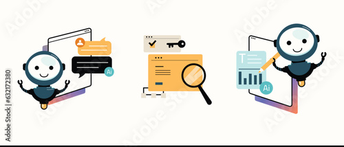 ai robot silly character flat vector illustration concept of communication conversation dialogue with AI chat bot, ai use in content writing and creation marketing, market research
