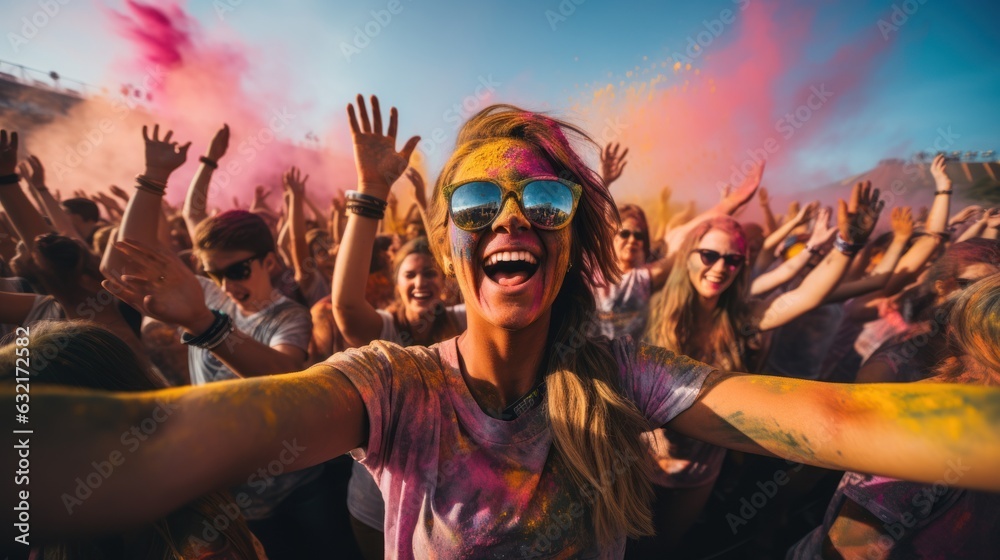A big group of young people cheering and celebrating outside summer festival in the daytime laughing with joyful joy splashing colors Holi festival A big group of young people cheering and celebrating outside summer festival in the daytime laughing with joyful joy splashing colors Holi festival