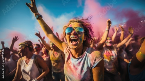 A big group of young people cheering and celebrating outside summer festival in the daytime laughing with joyful joy splashing colors Holi festival