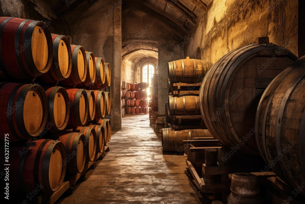 Wine barrels stacked in the cellar of the winery. Winemaking concept, ai generative