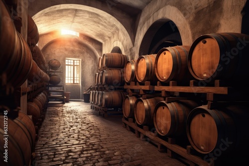 Wine barrels stacked in the cellar of the winery. Winemaking concept  ai generative