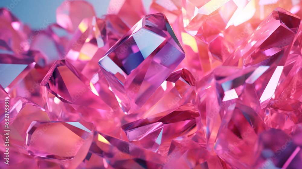 Broken glass prism through which sunlight passes and falls on plain pastel rainbow magenta surface. Abstract colorful background. Broken glass prism through which sunlight passes and falls on plain pastel rainbow magenta surface. Abstract colorful background.