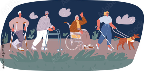 Vector illustration ofpeople with disability, therapy, reabilitation. Man on crunch, woman in wheelchcair, Oldman elderly man using walking frame, blind woman walking with guide-dog