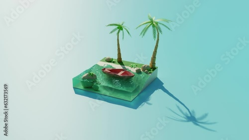 Moscow, Russia - March 15 2023: Island, palm trees and boat, CG