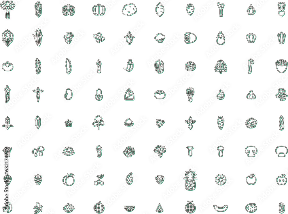 Naklejka premium カラーシャドウのシンプルな野菜と果物とキノコのイラストアイコンセット