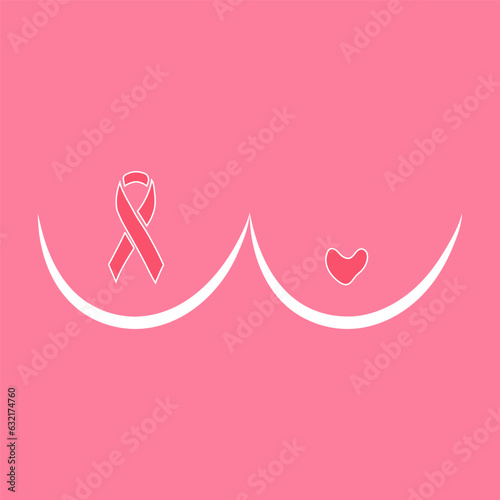 Line art breast. Pink ribbon month of breast cancer, international breast cancer day worldwide.