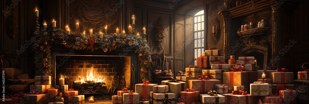 Christmas decorations and a fireplace, generative ai Christmas decorations and a fireplace, generative ai