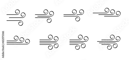 Cartoon puff of wind blow line symbol. Set, blowing wind, weather, environment. Gust pictogram. Smoky stream. Wind trails. Dust spray, smoky stream and wind blowing trails. Windy weather, forecast.