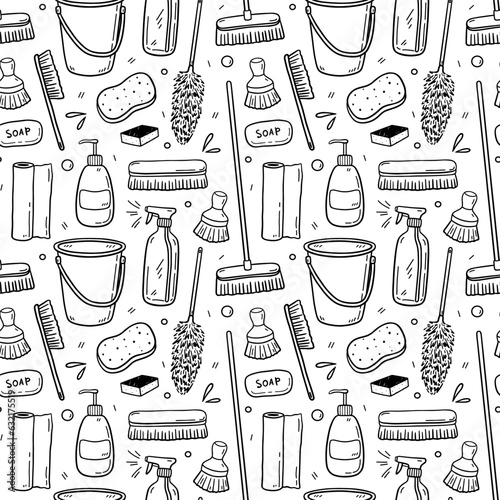 Seamless pattern with cleaning items - broom, soap, bucket, spray bottle, scrub brushes, sponges, duster. Vector hand-drawn illustration in doodle style. Perfect for print, wallpaper, decorations.