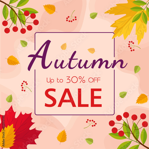 Autumn sale banner set with leaves, for website, social media and marketplace ads. Social media post, discount card or flyer design template