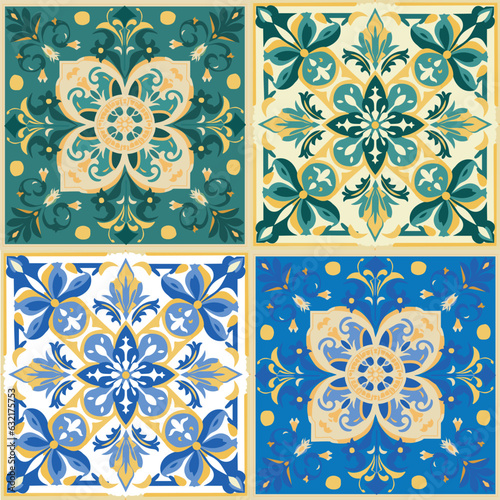Decorative tiles in Italian or Portuguese style. Vintage floral and geometry patterns, monograms. Blue and green shades.