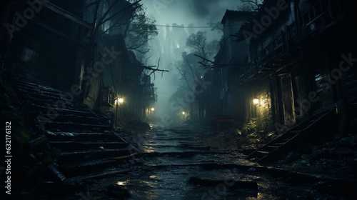 A smoky and ominous alleyway at night.