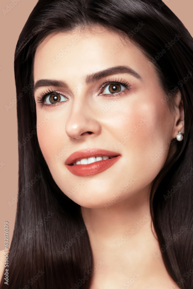 Portrait beautiful young woman with clean fresh skin. Face attractive caucasian brunette woman close up. Cosmetology, beauty and spa Portrait beautiful young woman with clean fresh skin. Face attractive caucasian brunette woman close up. Cosmetology, beauty and spa