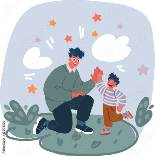 Vector illustration of young dad giving high five gesture to son for success school achievement, parenthood time. Family parenting concept.