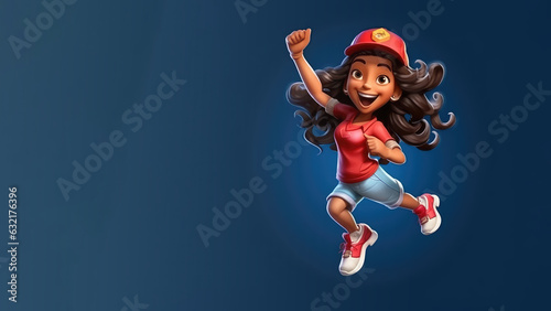 Happy Indian girl wearing hat jumping, copy space for text.