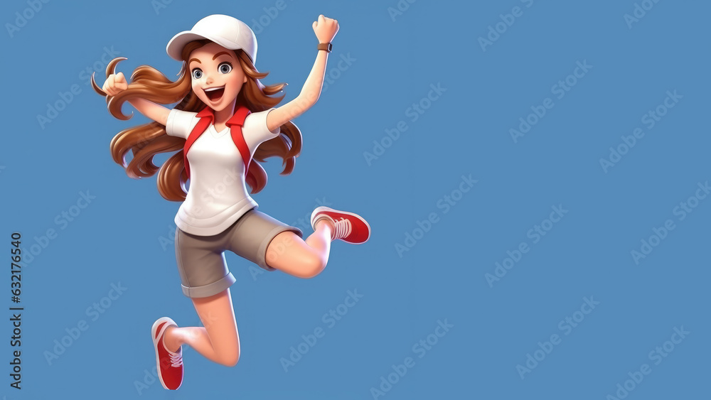 Happy girl wearing hat jumping, copy space for text.
