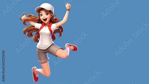 Happy girl wearing hat jumping, copy space for text.