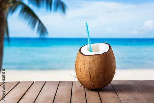 Tropical Coconut drink in front of beach background