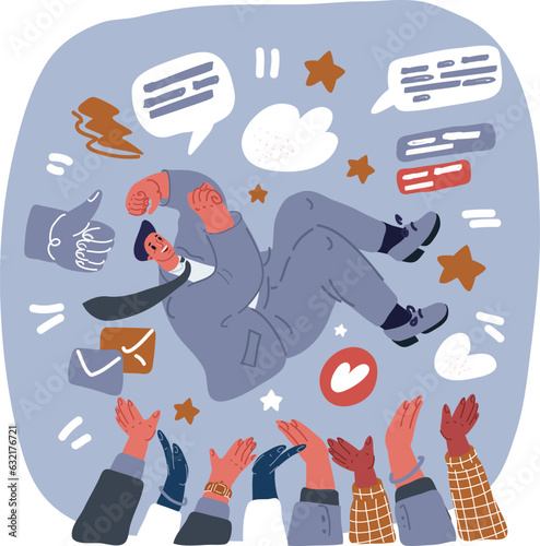 Vector illustration of happy people toss Up Man celebrating success. achievement Together. Team cngrats