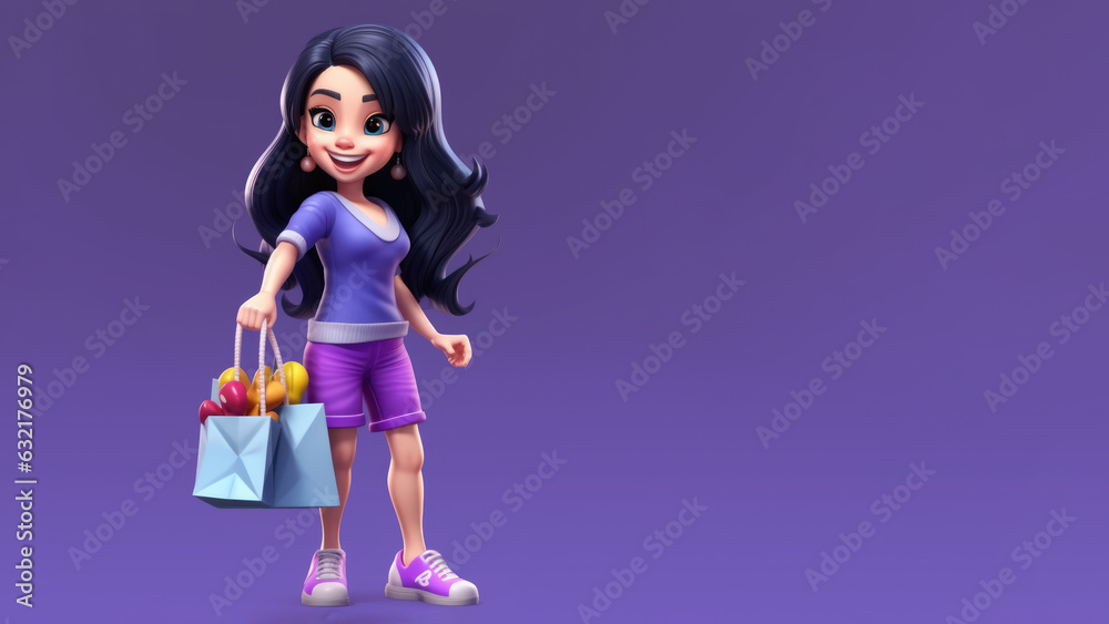 A girl is walking happily while carrying a shopping bag, copy space for text.