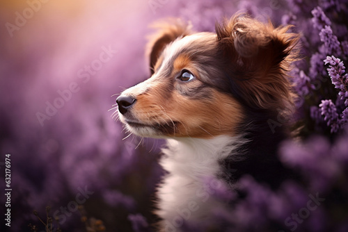 Young Australian Shepherd dog sitting in purple heather flower field. © Firn