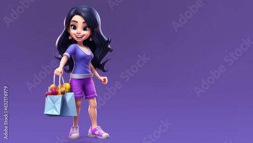 A girl is walking happily while carrying a shopping bag, copy space for text.