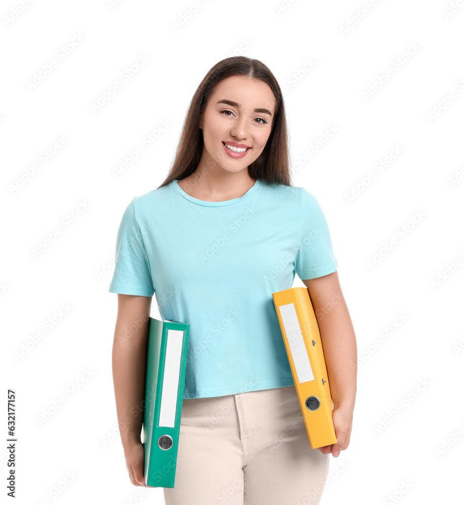 Happy woman with folders on white background Happy woman with folders on white background