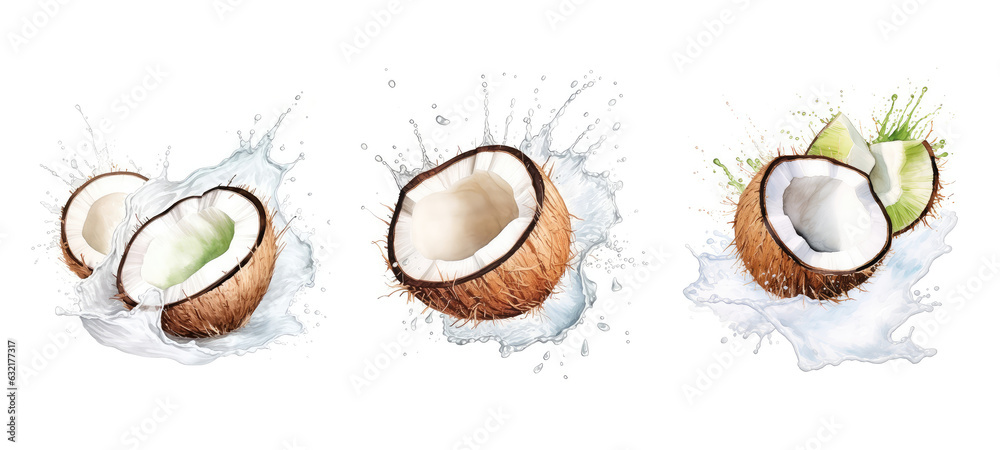 refreshment coconut cut splash juice watercolor - obrazy, fototapety, plakaty 