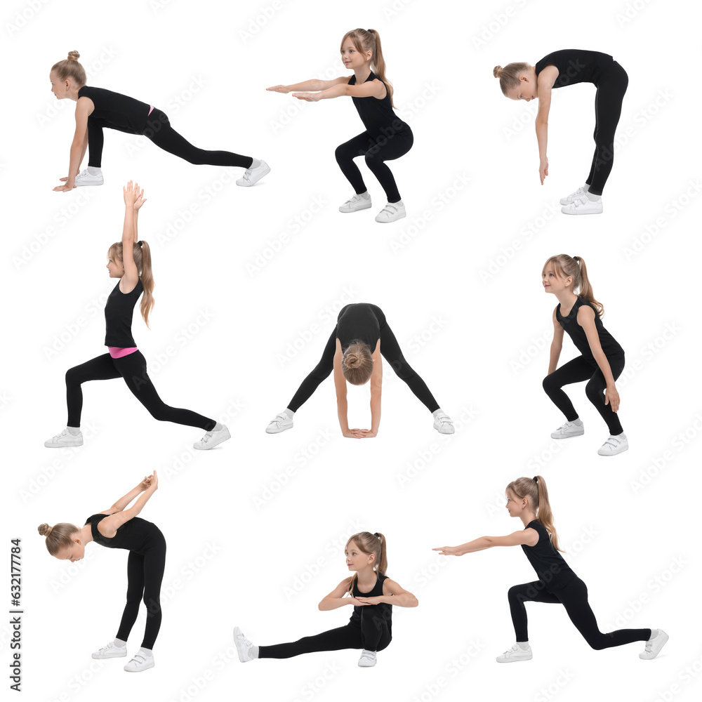 Little girl doing morning exercises on white background, collage design Little girl doing morning exercises on white background, collage design