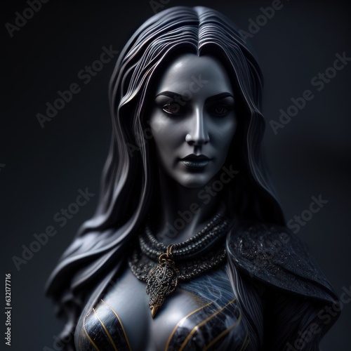 Marble sculpture portrait of female necromancer, low key. Generative AI