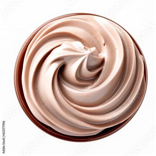 chocolate cream in a brown bowl, top view, flat lay, isolated on white background