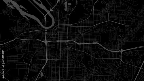 Dark black Montgomery city area, Alabama, vector background map, roads and water illustration. Widescreen proportion, digital flat design.
