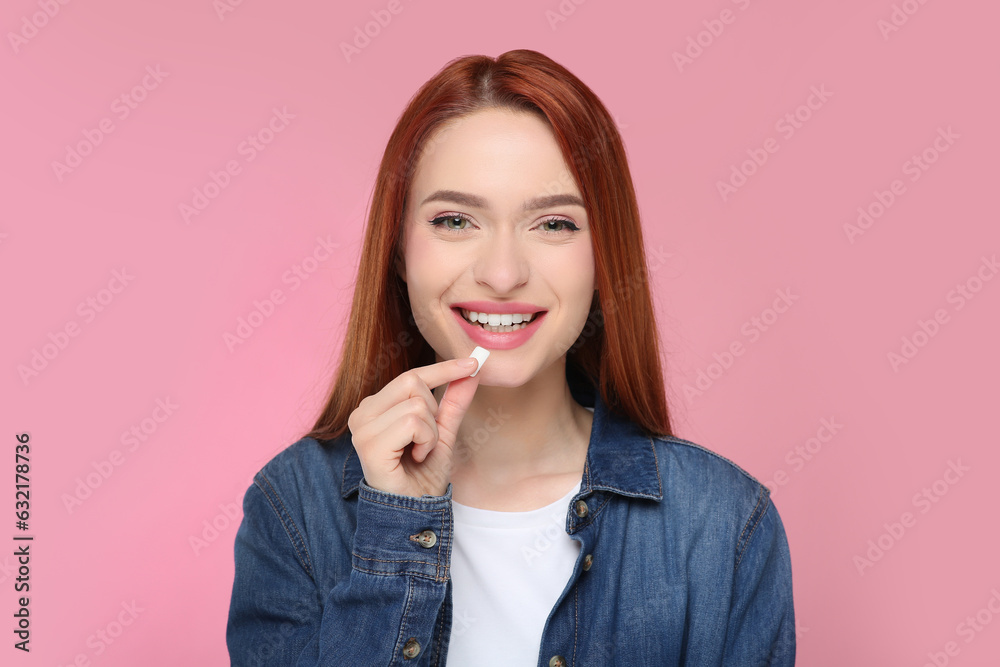 Beautiful woman with bubble gum on pink background Beautiful woman with bubble gum on pink background