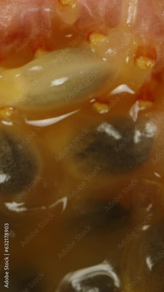 Vertical video. Half of passion fruit with the remains of seeds inside, rotates and moves away from the camera on a black background, isolate macro. Vertical video. Half of passion fruit with the remains of seeds inside, rotates and moves away from the camera on a black background, isolate macro.