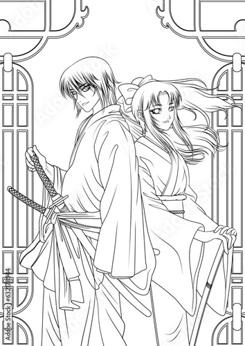 coloring page of samurai couple