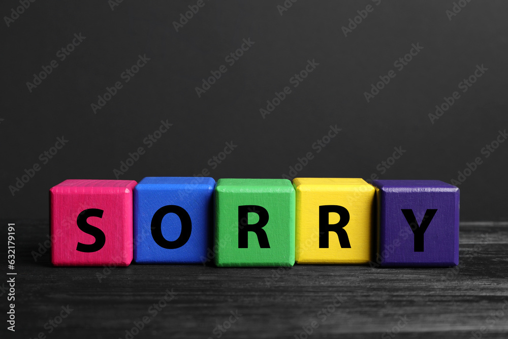 Obraz premium Apology. Word Sorry made of colorful cubes on black wooden table